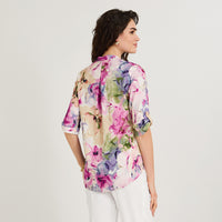 Blusa Lino Estampada Cuello Mao y Manga Roll Up Fucsia
