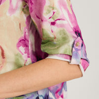 Blusa Lino Estampada Cuello Mao y Manga Roll Up Fucsia