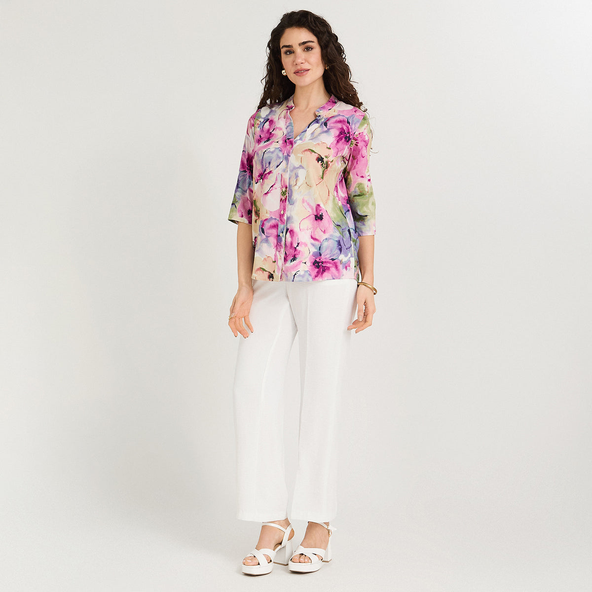 Blusa Lino Estampada Cuello Mao y Manga Roll Up Fucsia