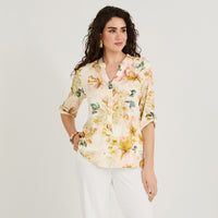 Blusa Lino Estampada Cuello Mao y Manga Roll Up Amarillo