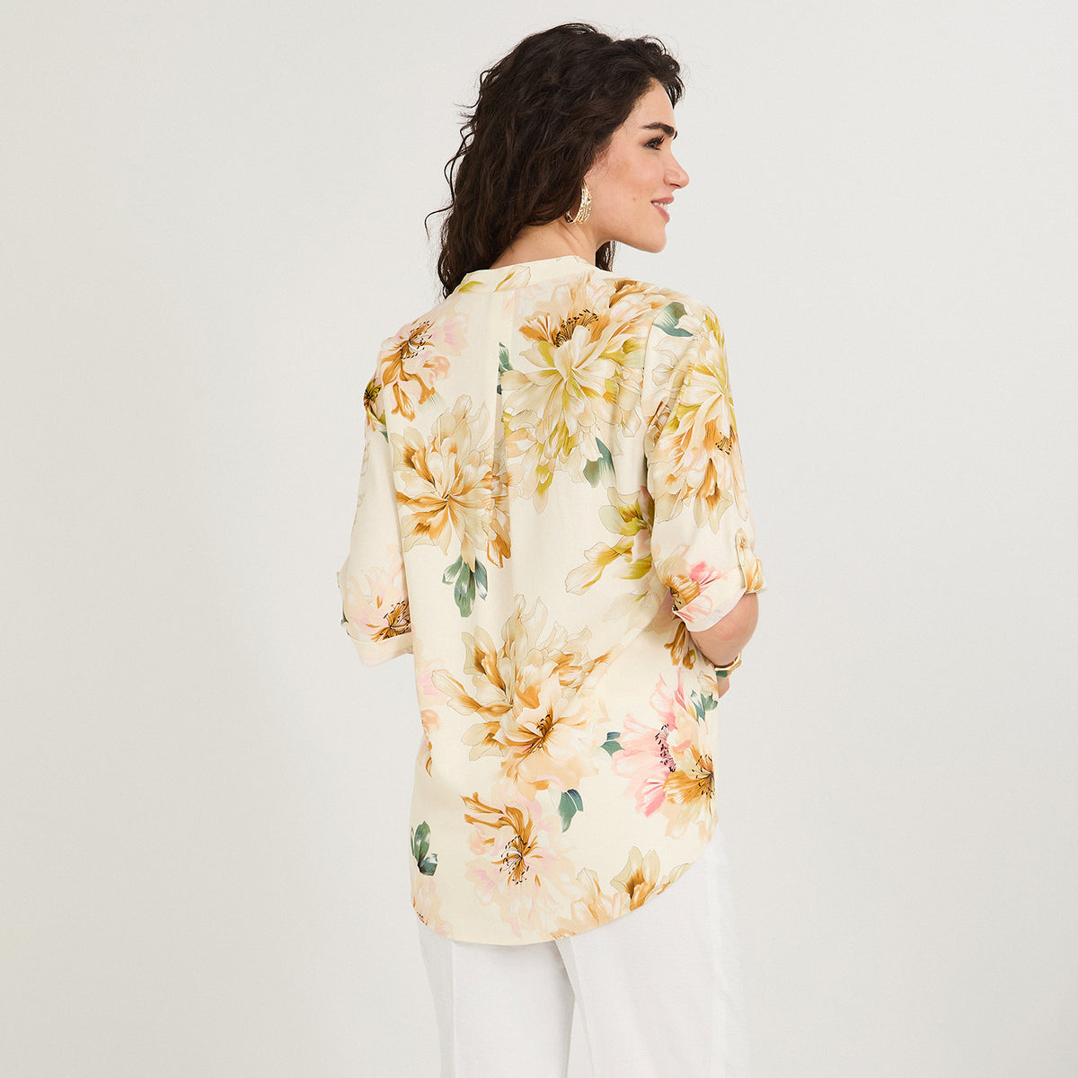 Blusa Lino Estampada Cuello Mao y Manga Roll Up Amarillo