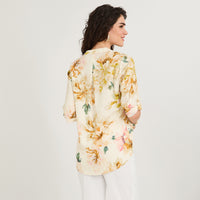 Blusa Lino Estampada Cuello Mao y Manga Roll Up Amarillo