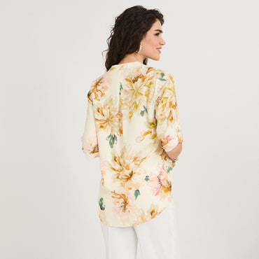 Blusa Lino Estampada Cuello Mao y Manga Roll Up Amarillo