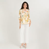Blusa Lino Estampada Cuello Mao y Manga Roll Up Amarillo