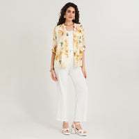 Blusa Lino Estampada Cuello Mao y Manga Roll Up Amarillo