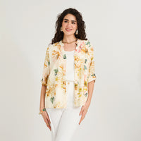 Blusa Lino Estampada Cuello Mao y Manga Roll Up Amarillo