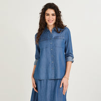 Blusa Lyocell Manga Larga Roll Up Azul