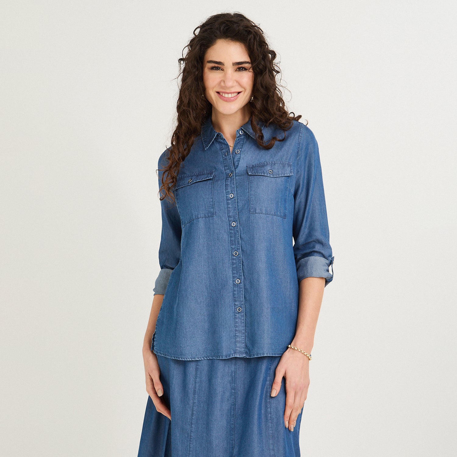 Blusa Lyocell Manga Larga Roll Up Azul