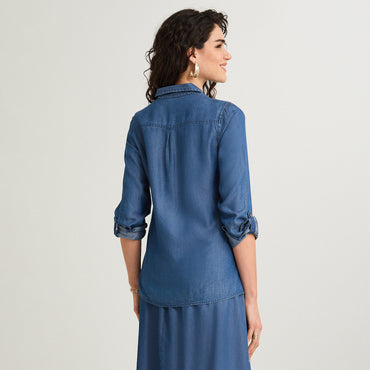 Blusa Lyocell Manga Larga Roll Up Azul