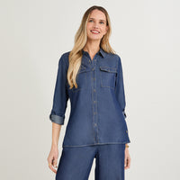 Blusa Lyocell Manga Larga Roll Up Azul