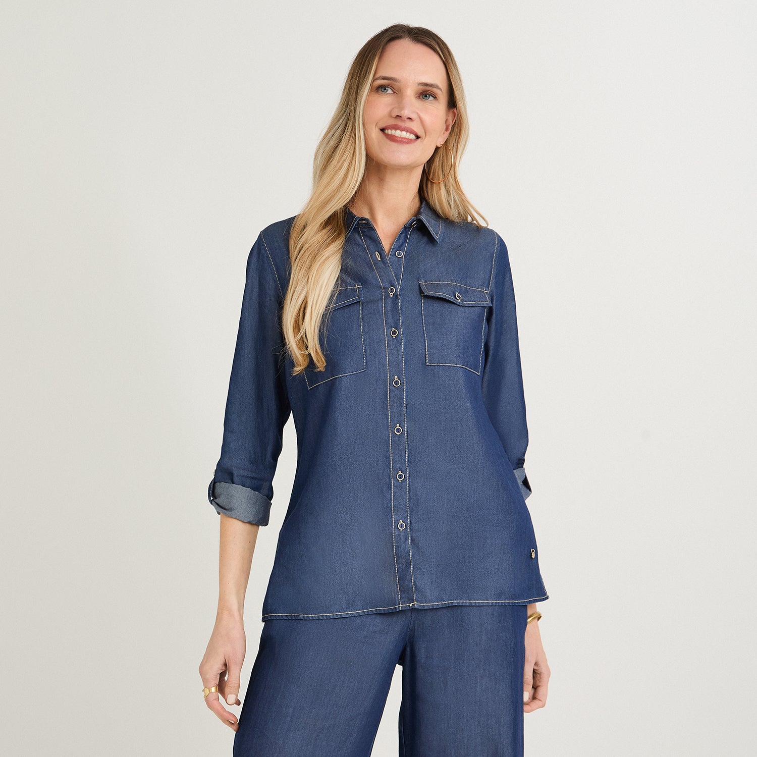 Blusa Lyocell Manga Larga Roll Up Azul