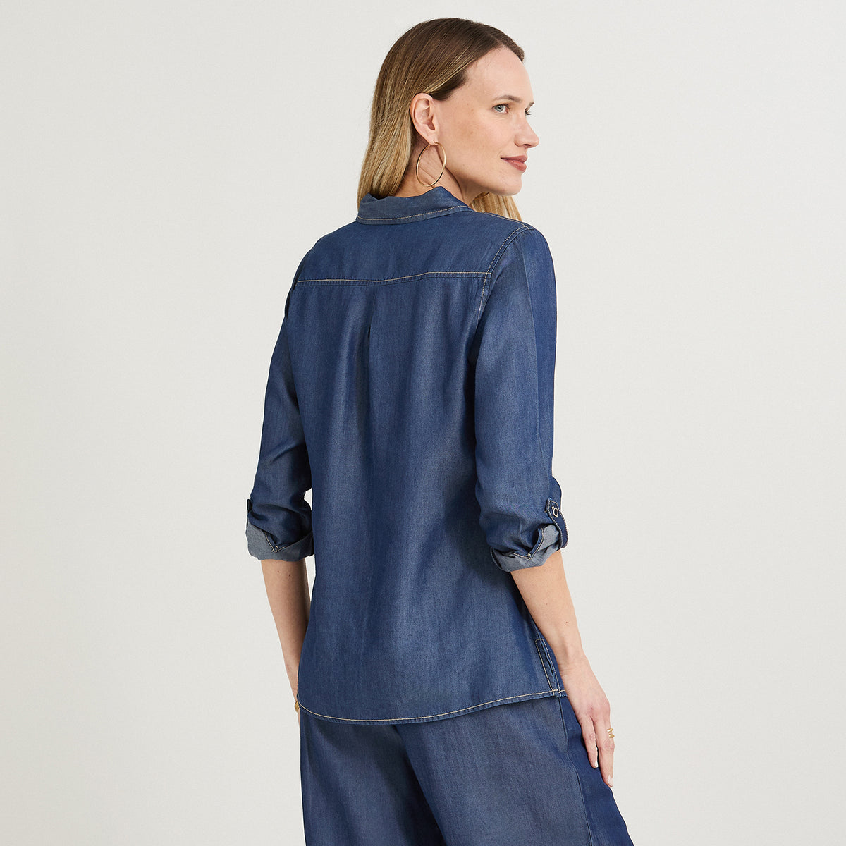 Blusa Lyocell Manga Larga Roll Up Azul