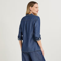 Blusa Lyocell Manga Larga Roll Up Azul