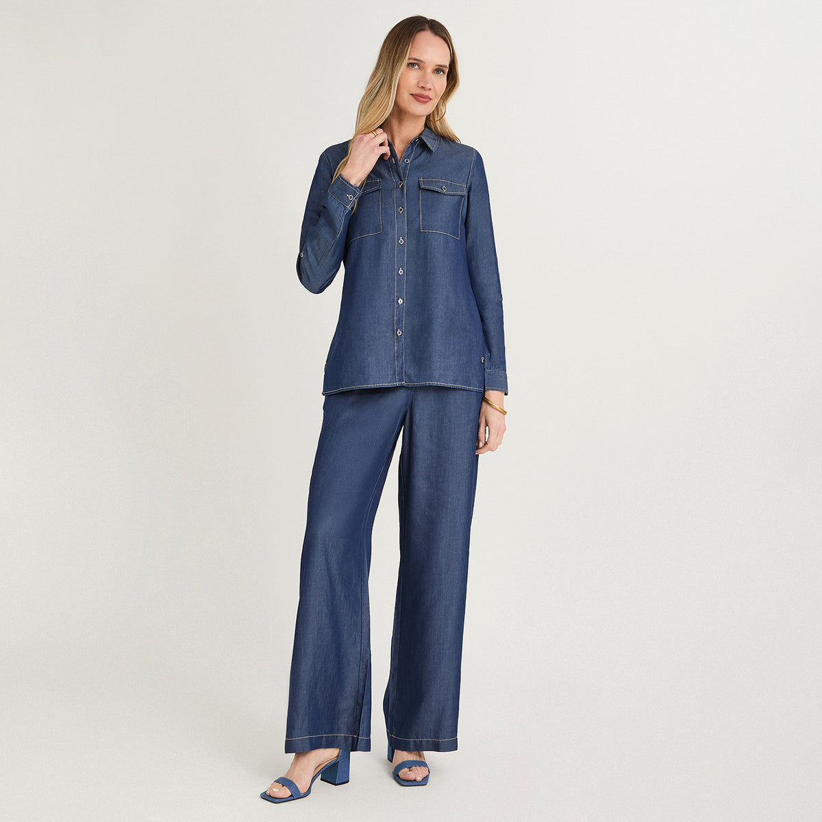 Blusa Lyocell Manga Larga Roll Up Azul