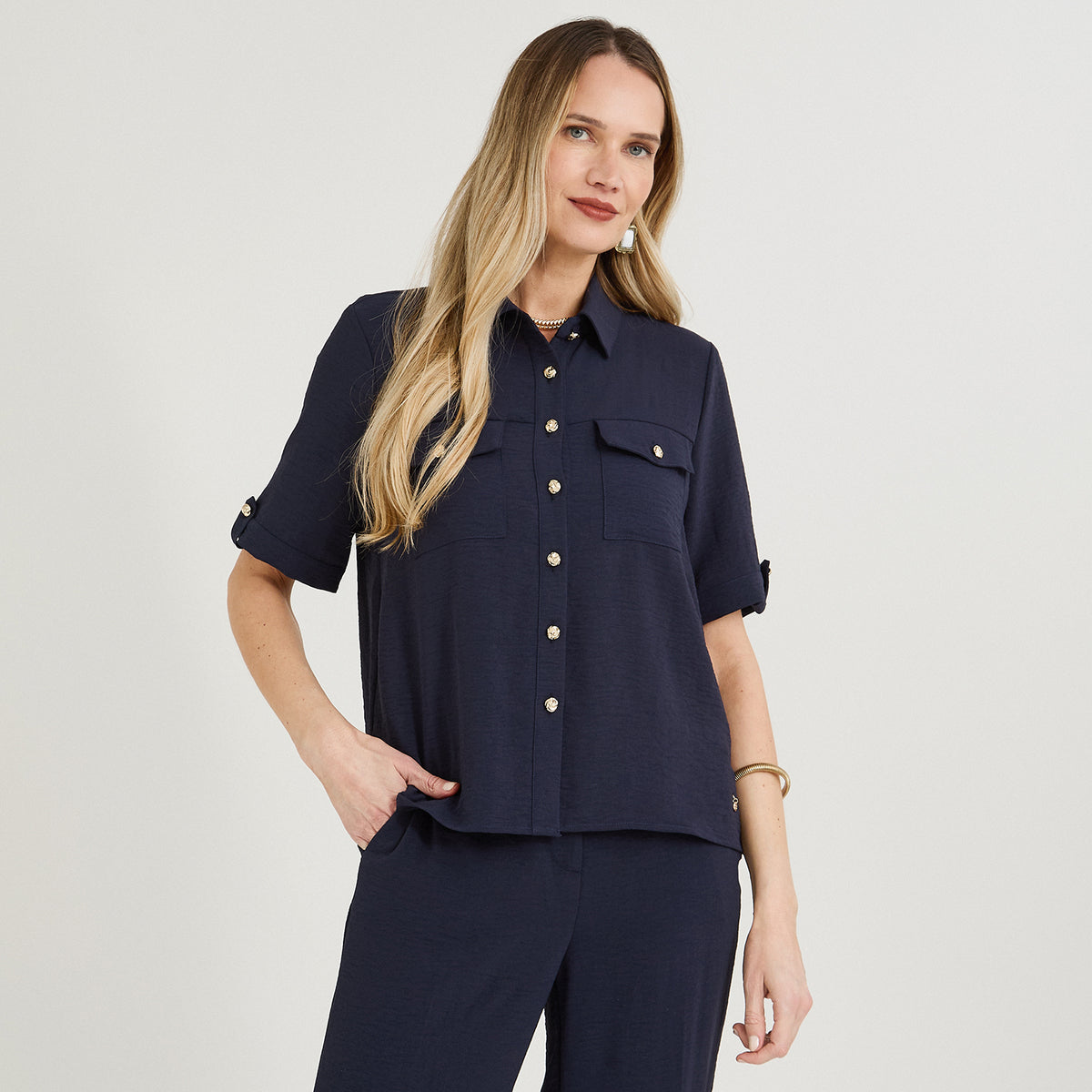 Blusa Manga Corta con Botones Azul