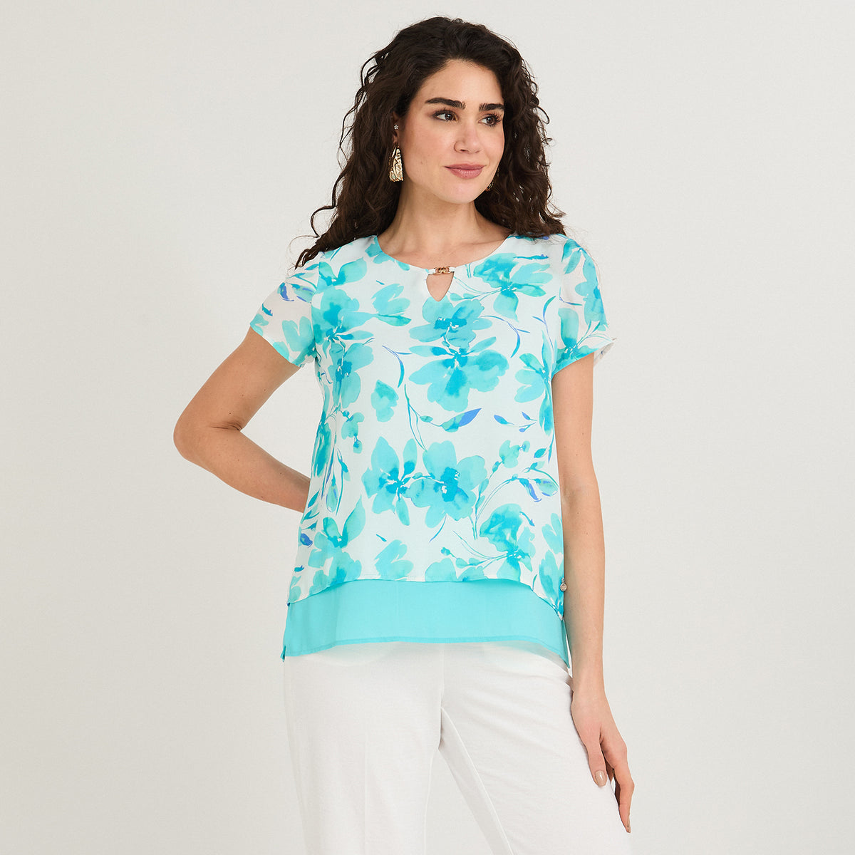 Blusa con Faldón Manga Corta Celeste