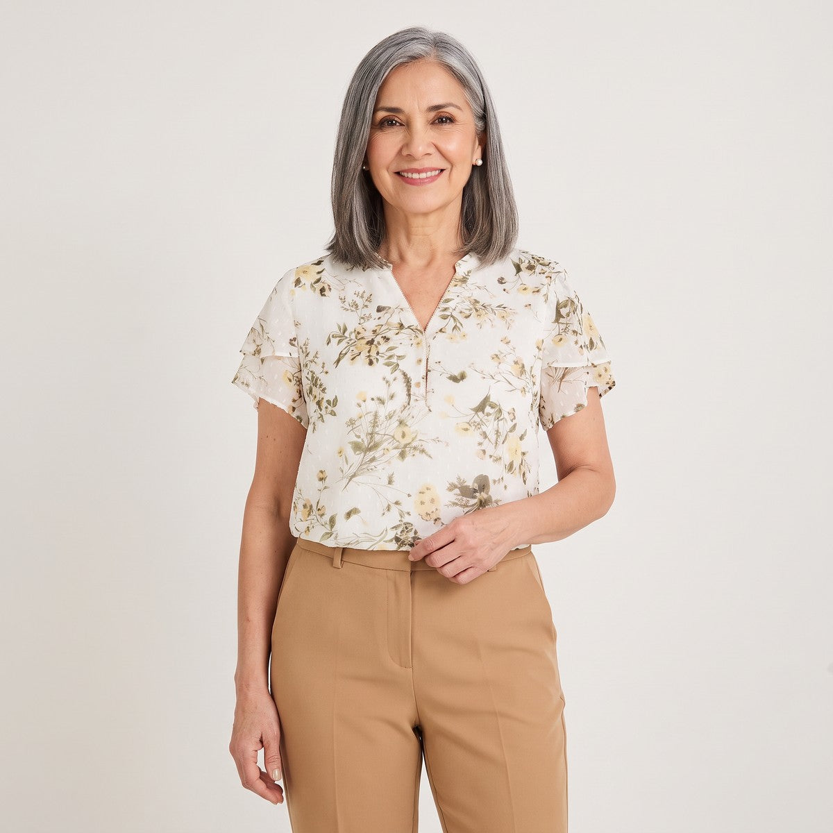 Blusa Manga Corta Aplicación en Escote Crudo en modelo adulta