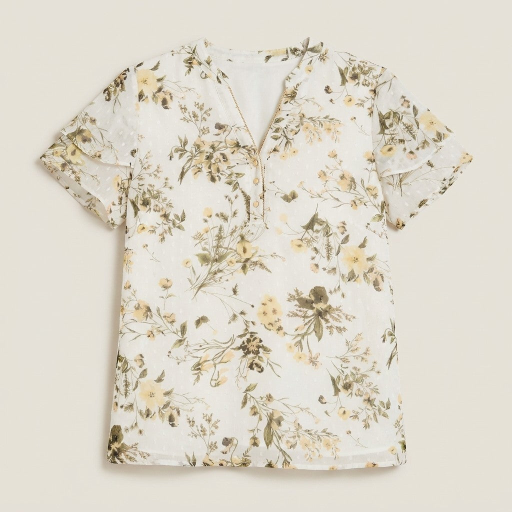 Blusa Manga Corta Aplicación en Escote Crudo en plano