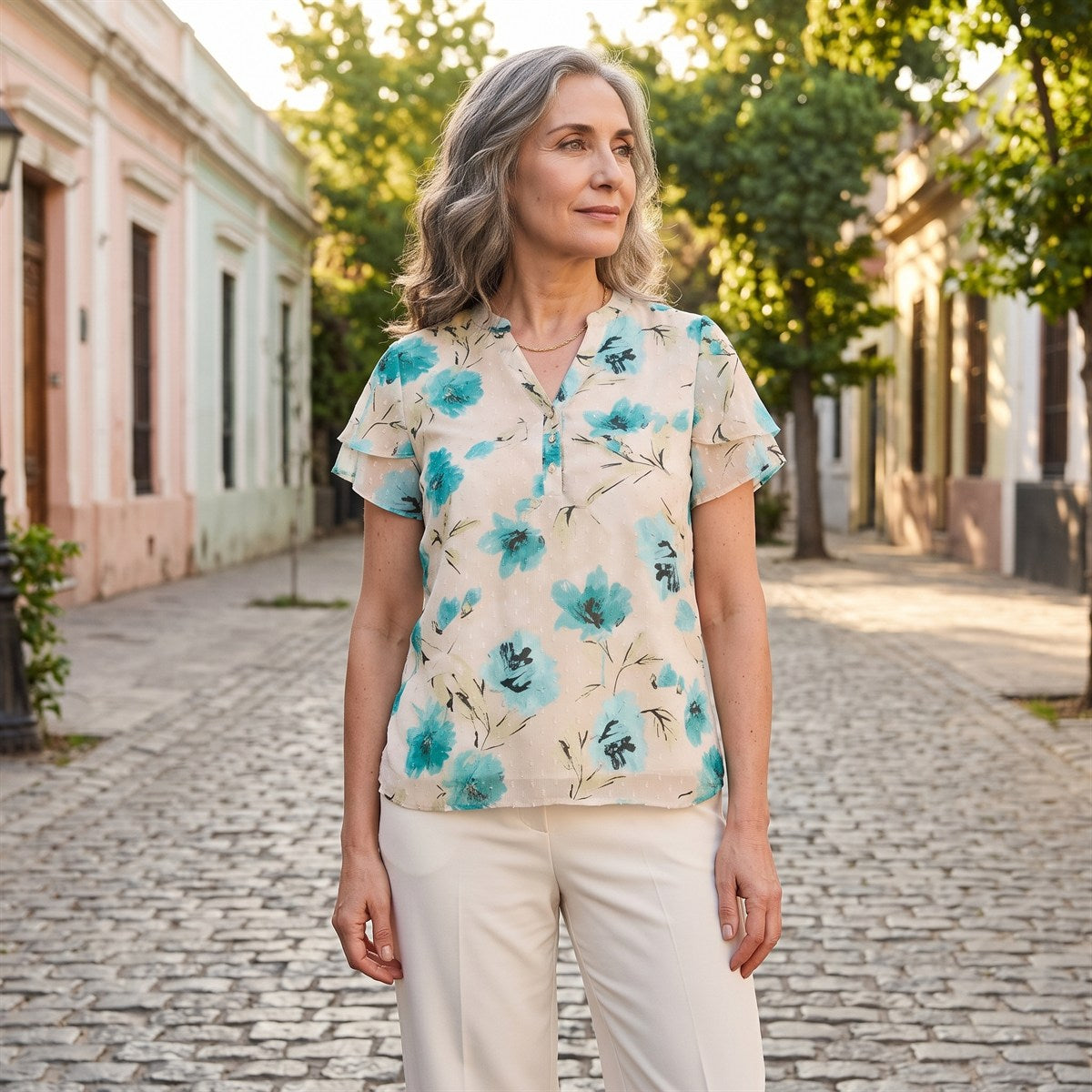 Blusa Manga Corta Aplicación en Escote Arena lifestyle