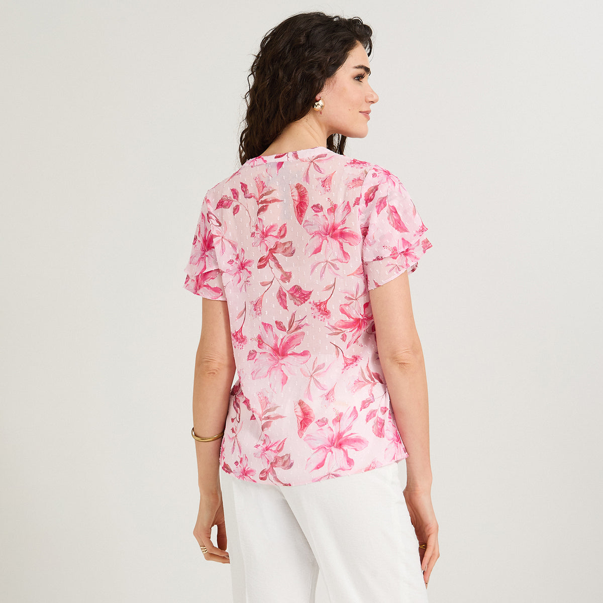 Blusa Manga Corta Aplicación en Escote Fucsia