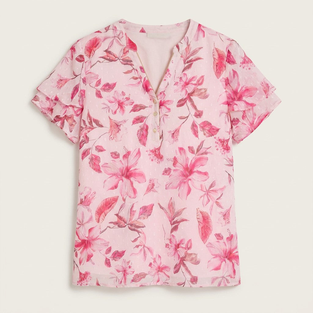 Blusa Manga Corta Aplicación en Escote Fucsia en plano