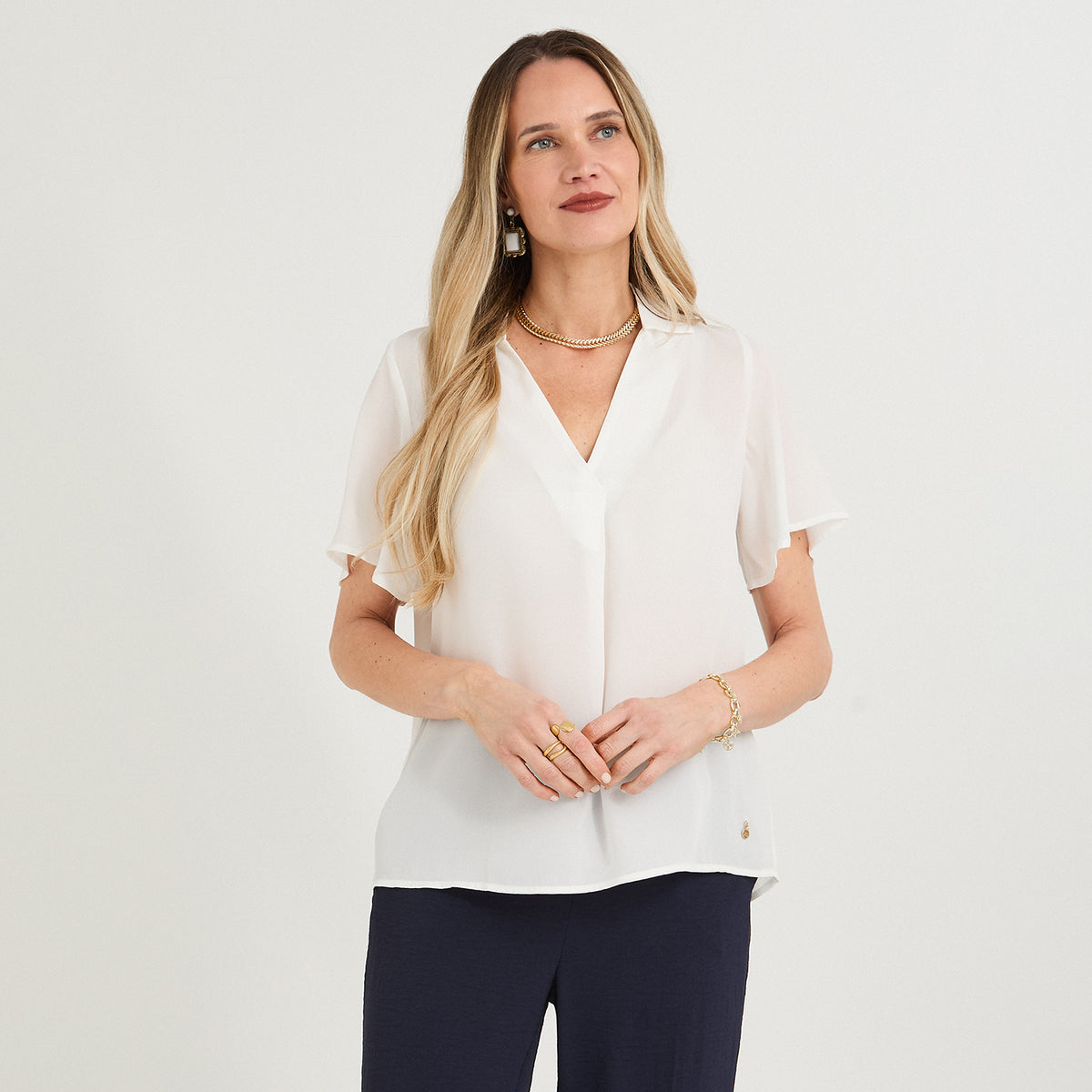 Blusa Manga Corta Cuello Camisero Crudo