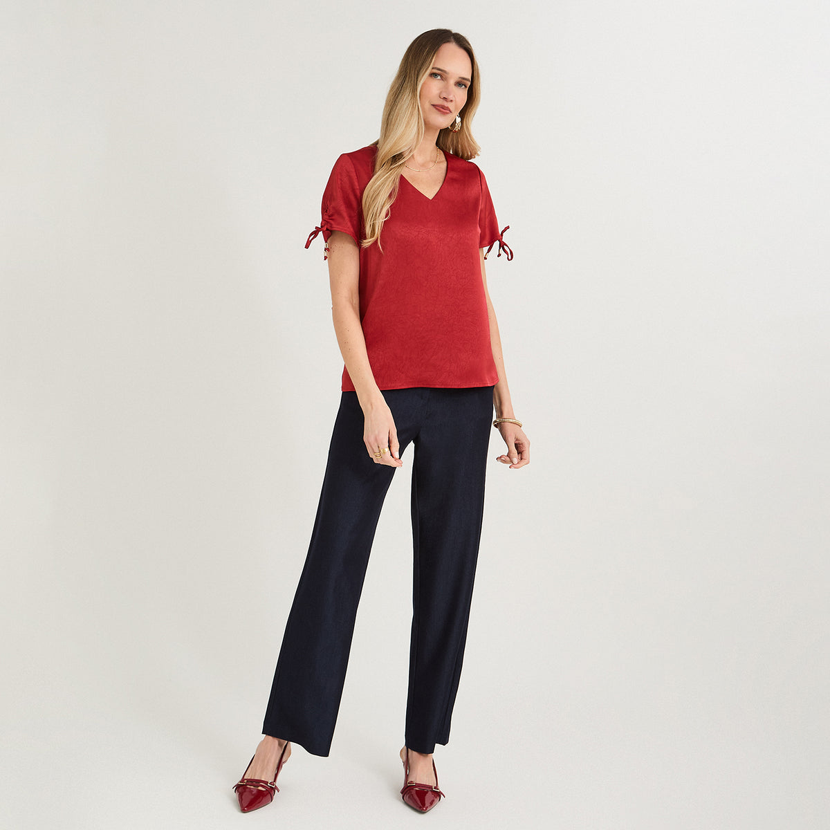 Blusa Manga Corta Escote V Rojo