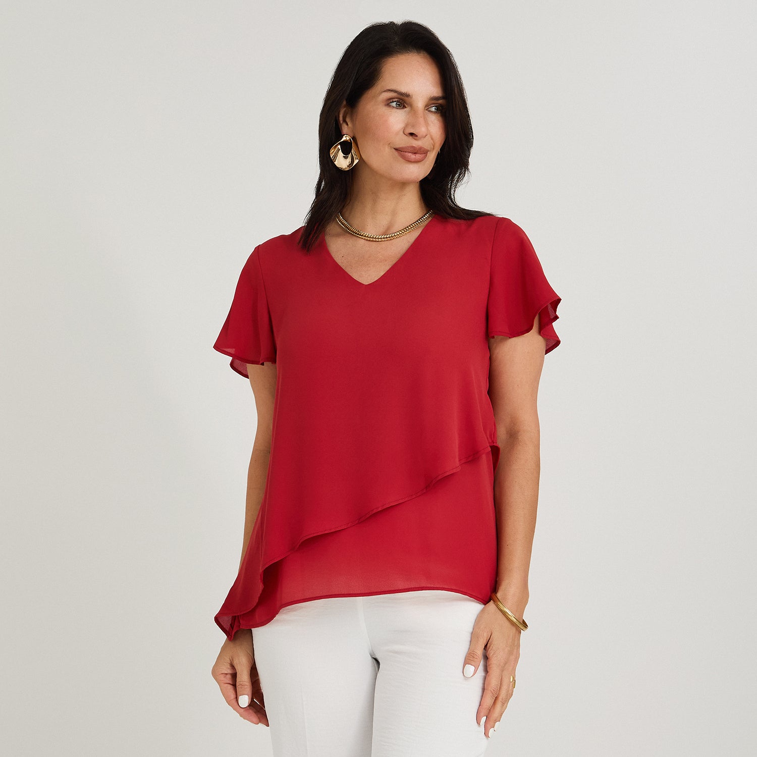 Blusa Escote V con Capas Rojo