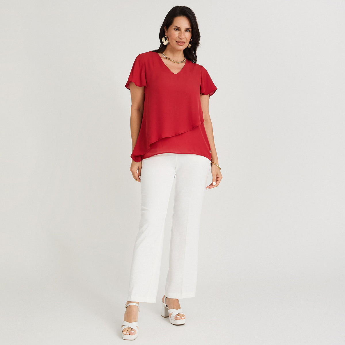 Blusa Escote V con Capas Rojo