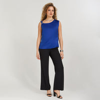Blusa de Satin Manga Corta Escote Asimétrico con Aplicación Azul