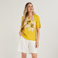 Blusa Lino Manga 3/4 Estampada Amarillo