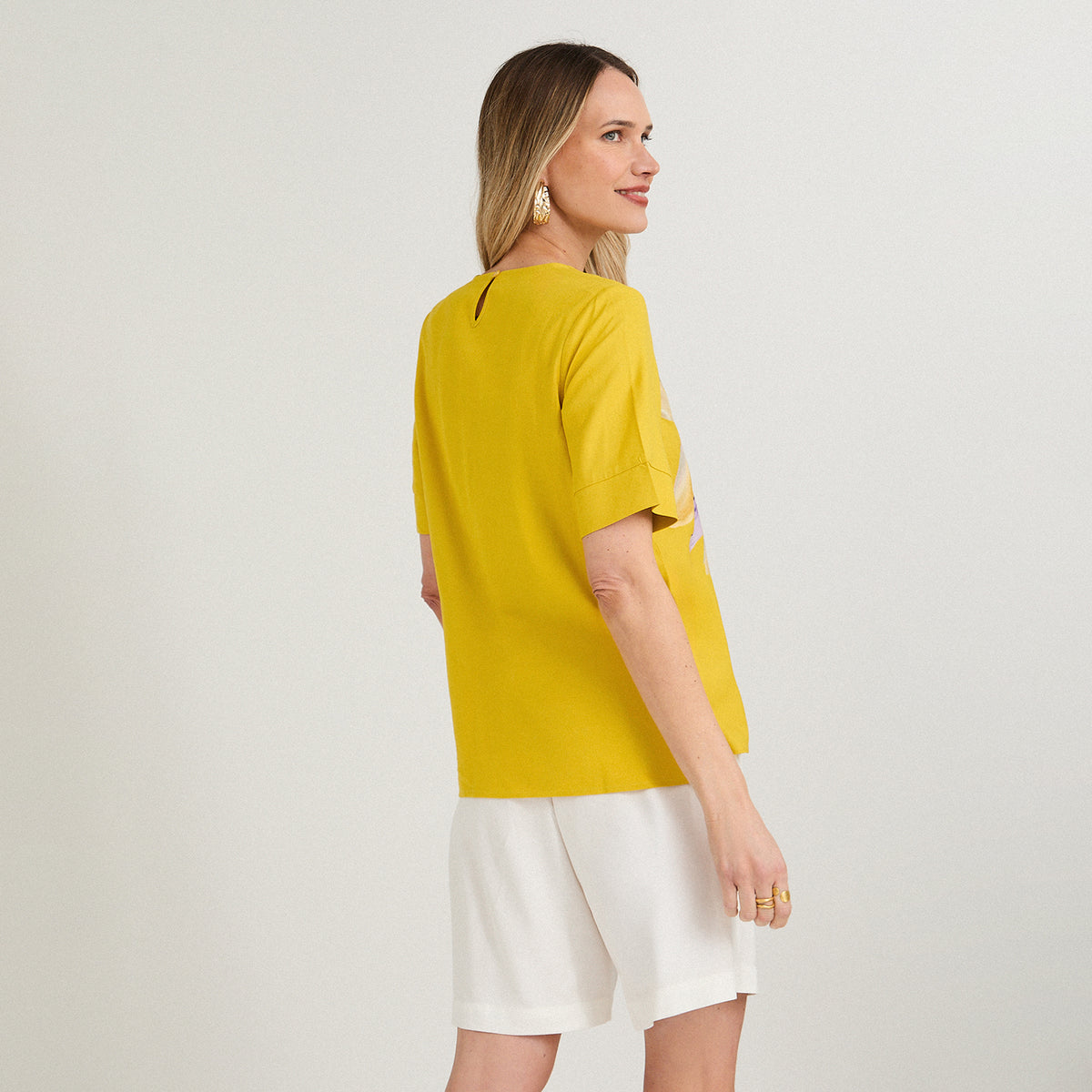 Blusa Lino Manga 3/4 Estampada Amarillo