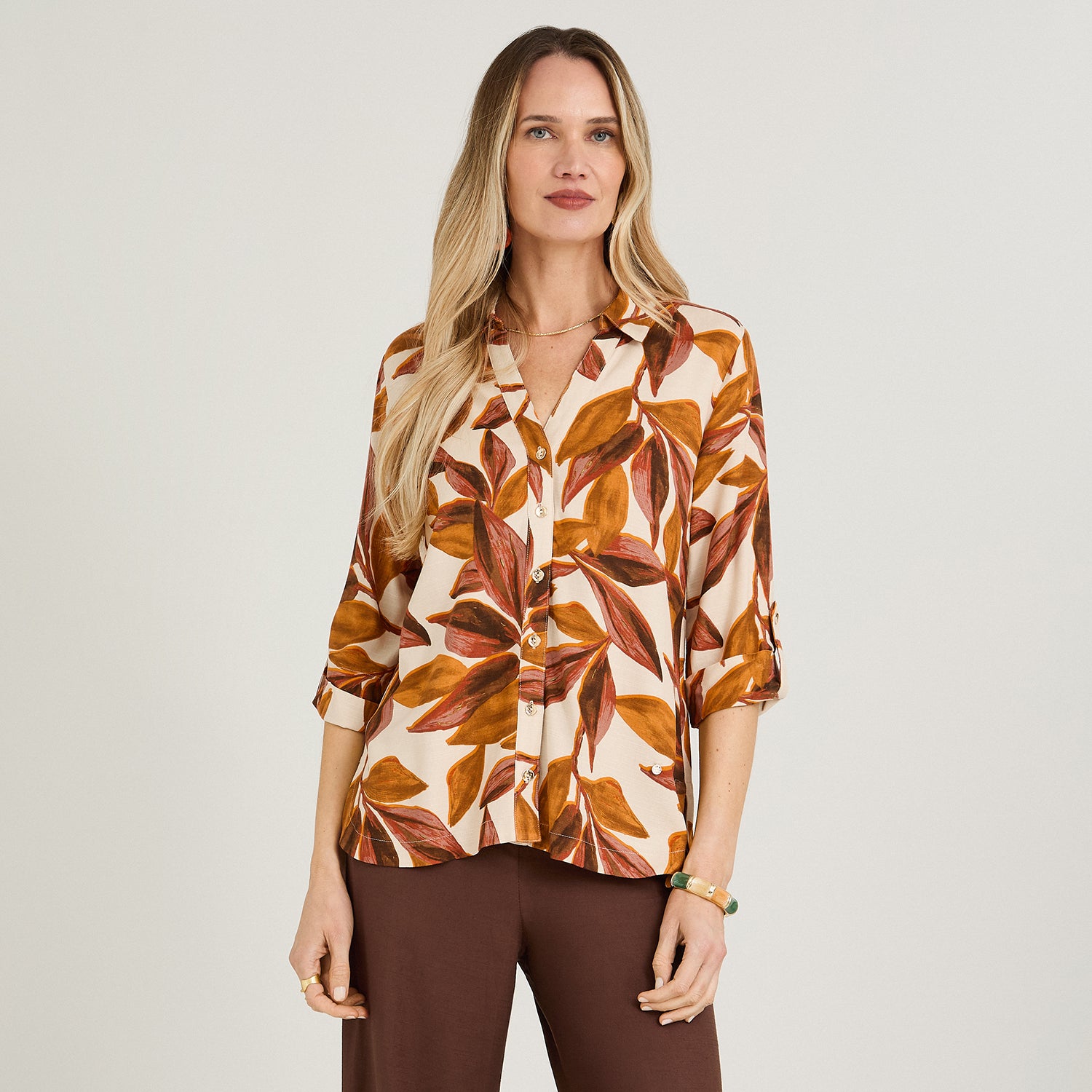 Blusa de Lino Cuello Camisero con Botones Terracota