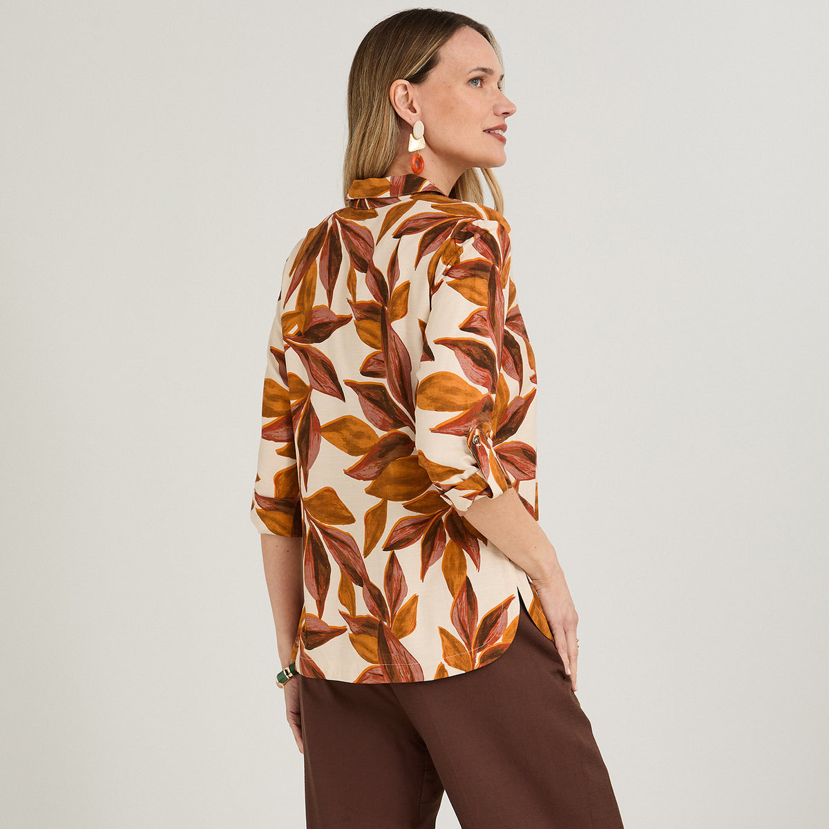 Blusa de Lino Cuello Camisero con Botones Terracota
