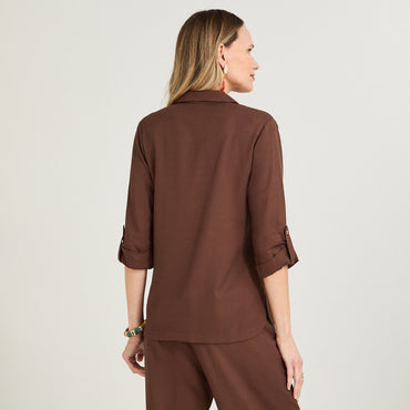 Blusa de Lino Cuello Camisero con Botones Café