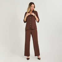 Blusa de Lino Cuello Camisero con Botones Café