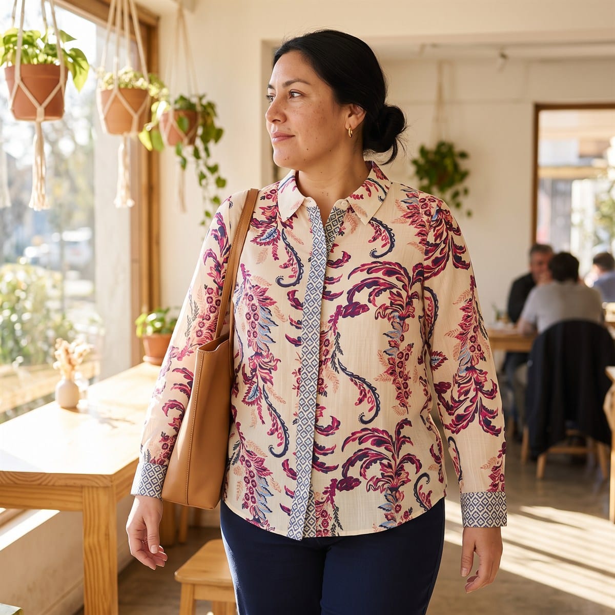 Blusa Manga Larga Estampada con Botones Magenta lifestyle