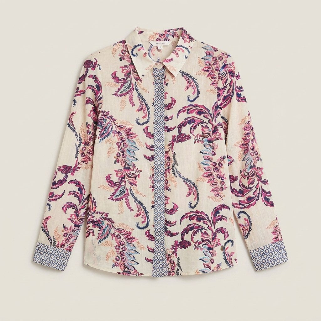 Blusa Manga Larga Estampada con Botones Magenta en plano