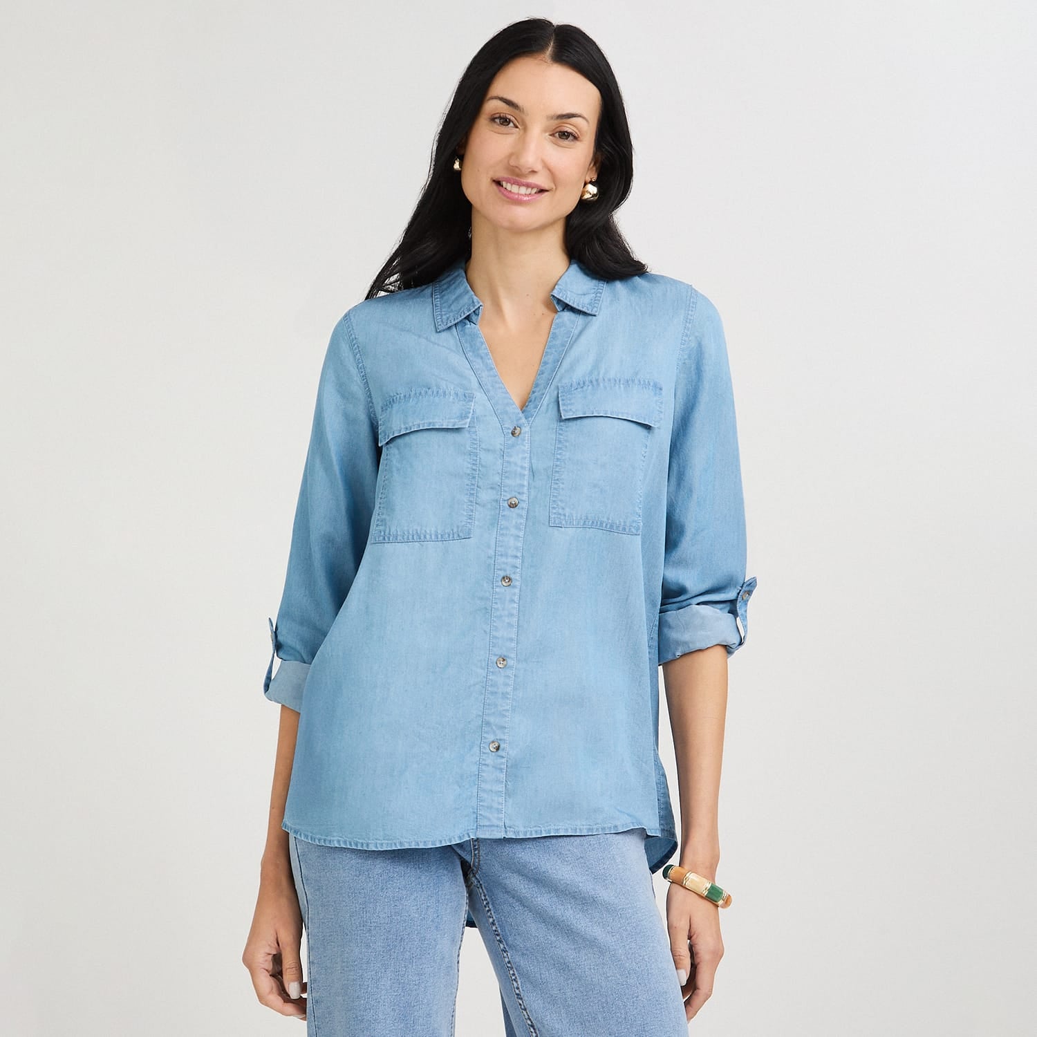Blusa de Lyocell con Bolsillos Celeste