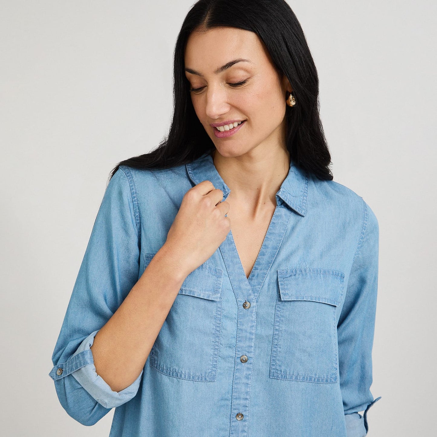 Blusa de Lyocell con Bolsillos Celeste