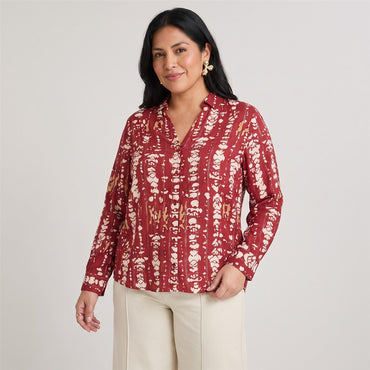 Blusa Manga Larga Print con Lurex Terracota en modelo plus size