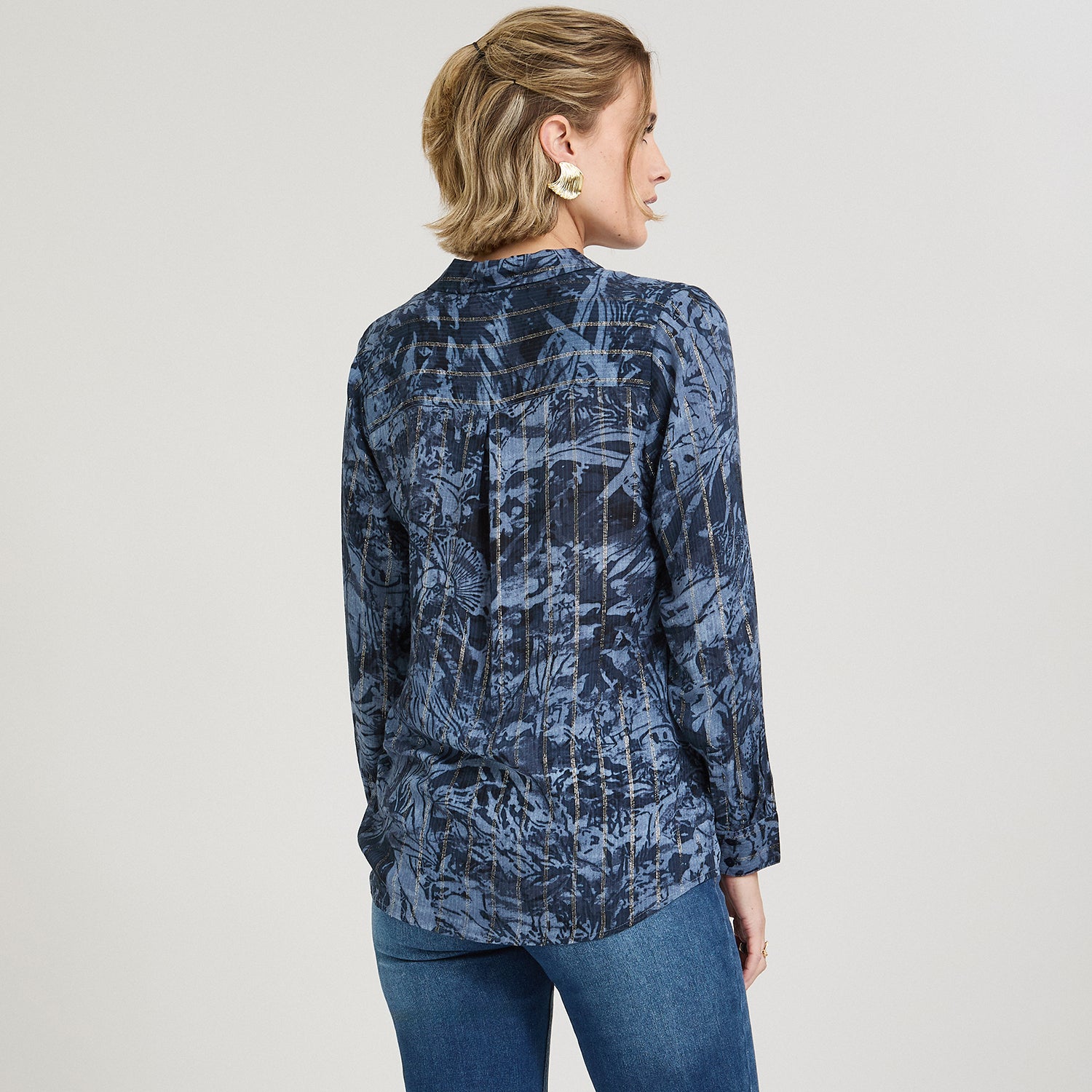 Blusa Manga Larga Print con Lurex Azul