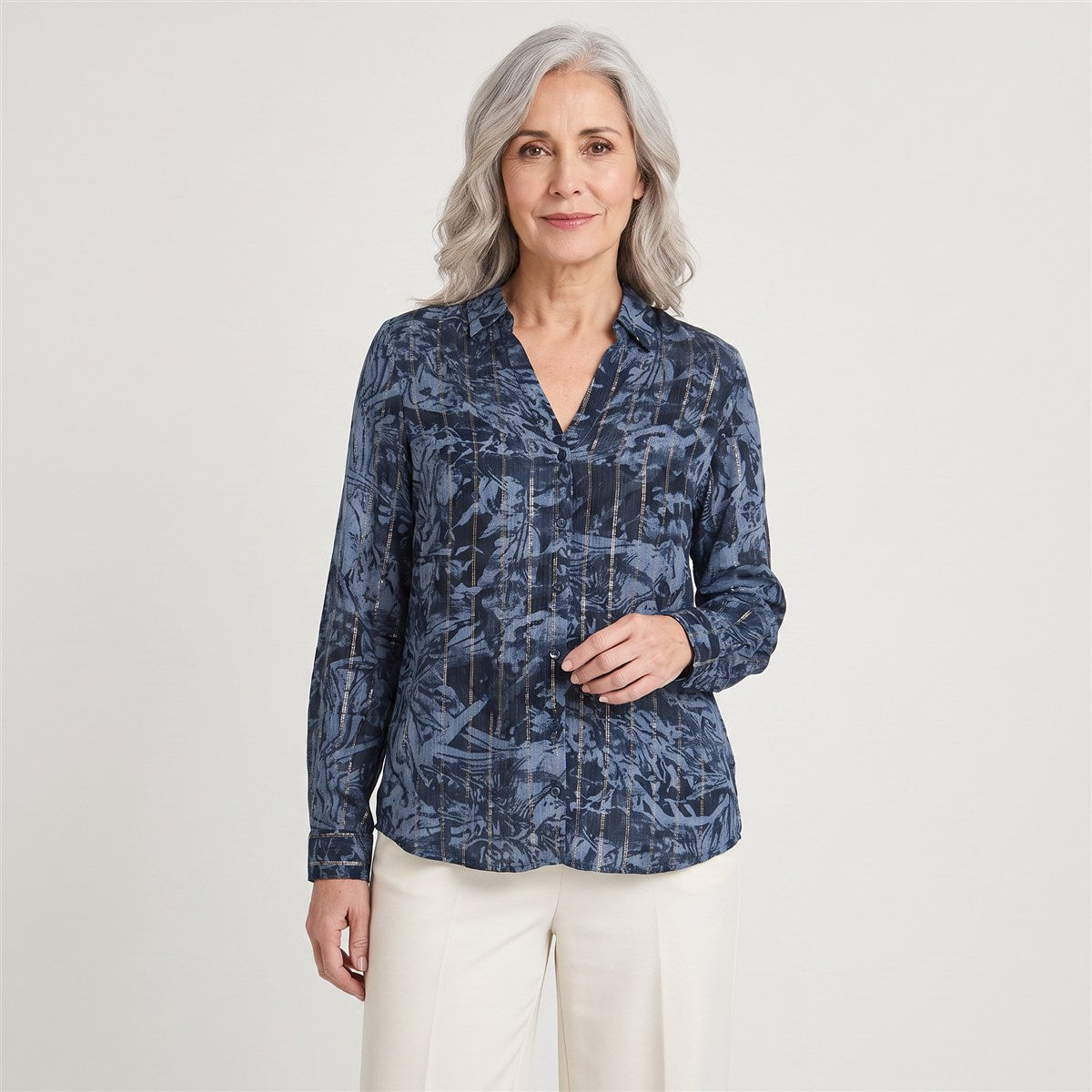 Blusa Manga Larga Print con Lurex Azul en modelo adulta
