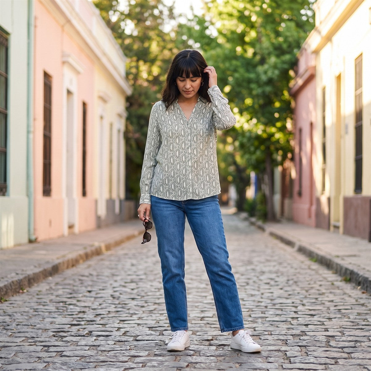 Blusa Manga Larga Print con Lurex Verde lifestyle