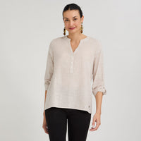Blusa Look Lino Manga Roll Up Escote Mao Camel