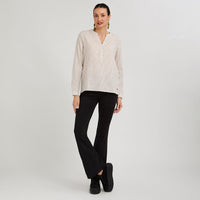 Blusa Look Lino Manga Roll Up Escote Mao Camel
