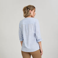 Blusa Look Lino Manga Roll Up Escote Mao Celeste