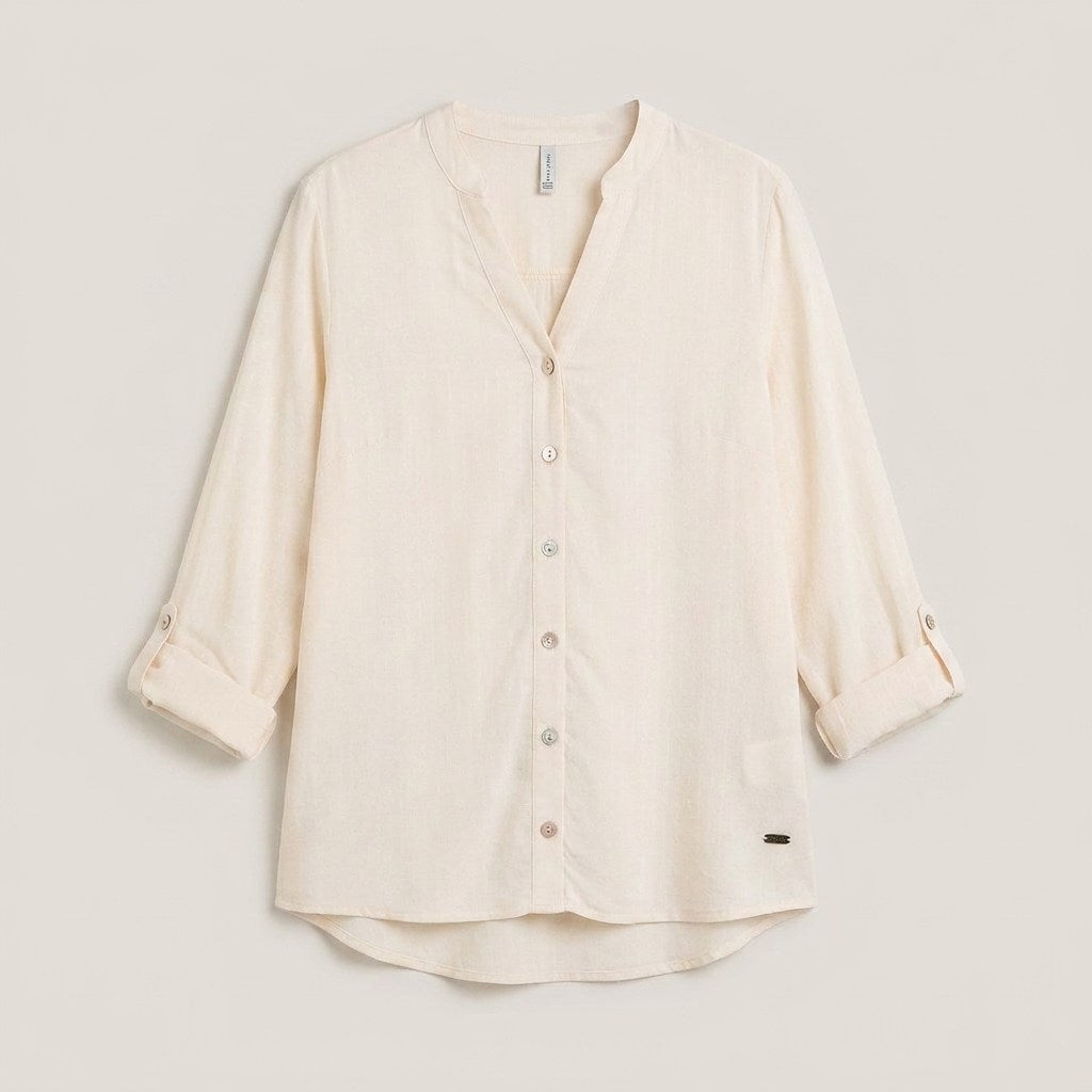 Blusa Escote Mao Manga Roll Up con Textura Beige en plano