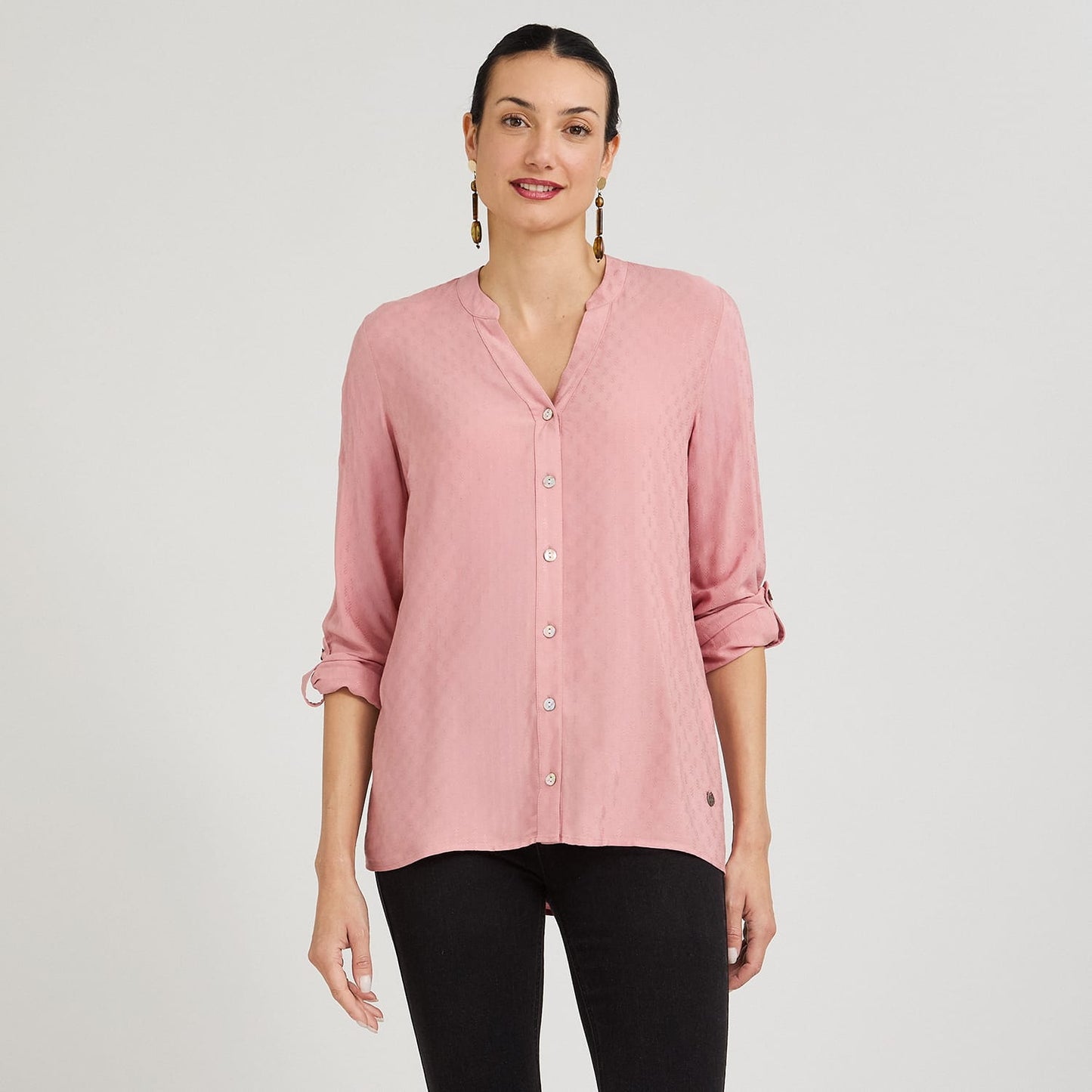 Blusa Escote Mao Manga Roll Up con Textura Rosado