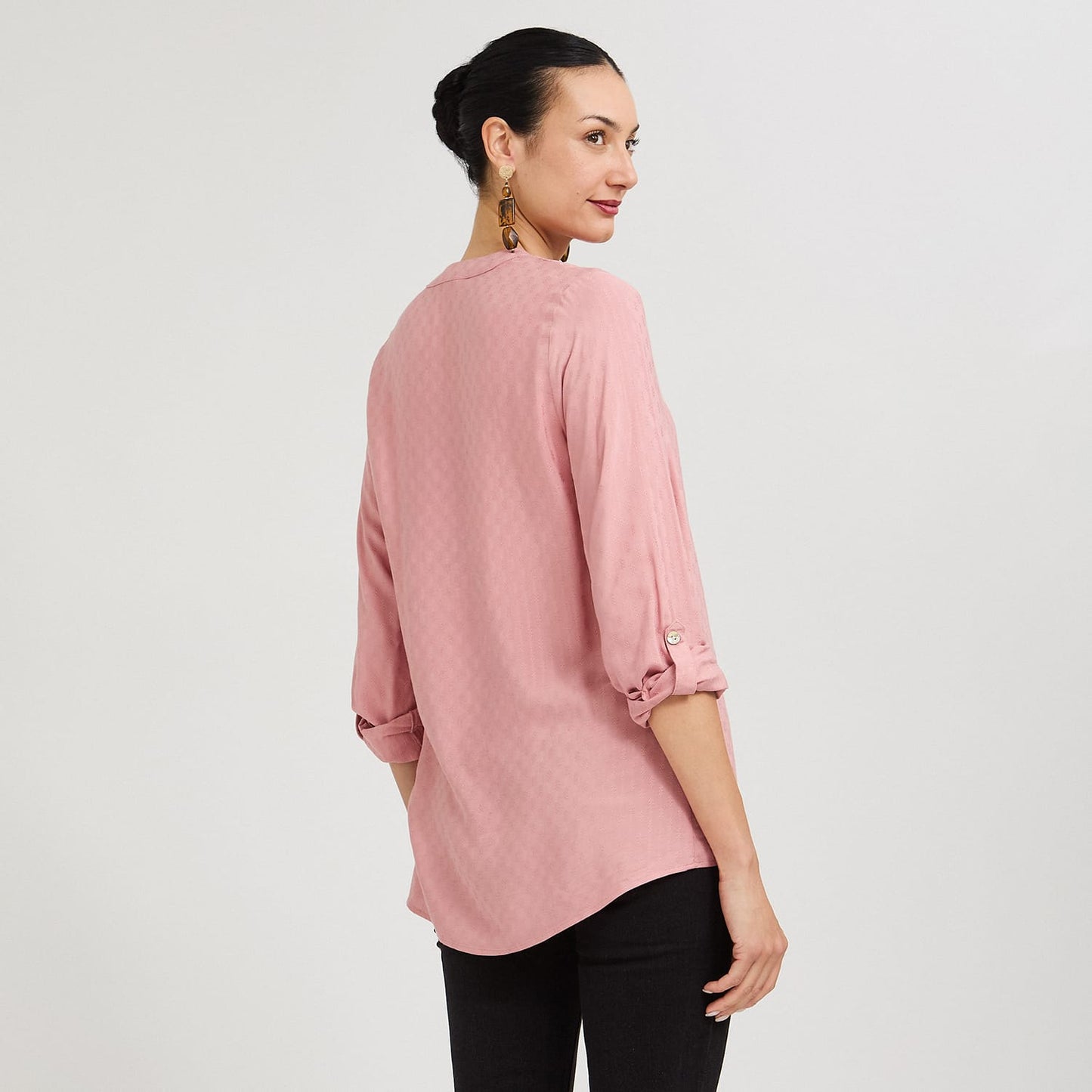 Blusa Escote Mao Manga Roll Up con Textura Rosado